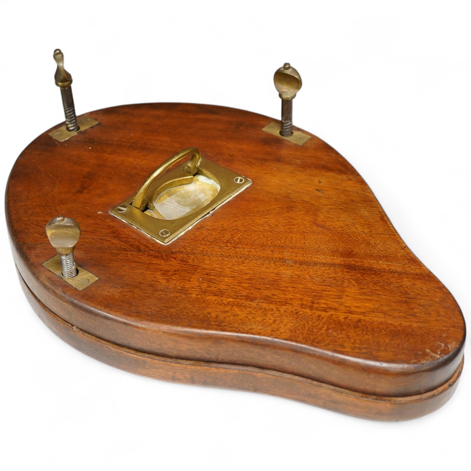 An Edwardian mahogany and brass racket press, 37cm wide